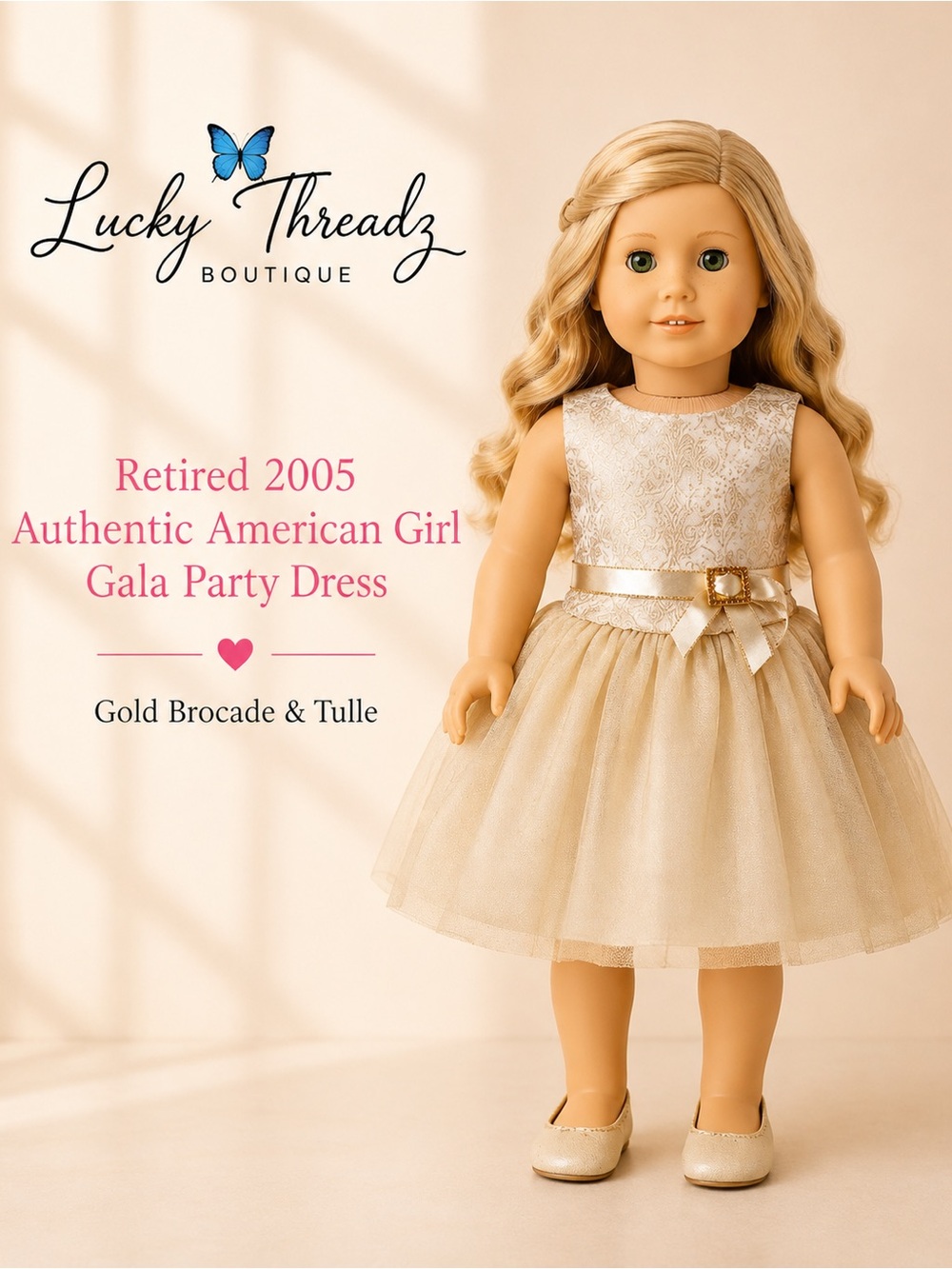 Retired 2005 American Girl Gala Party Dress Gold Brocade Pink Buckle & Shoes⁠
